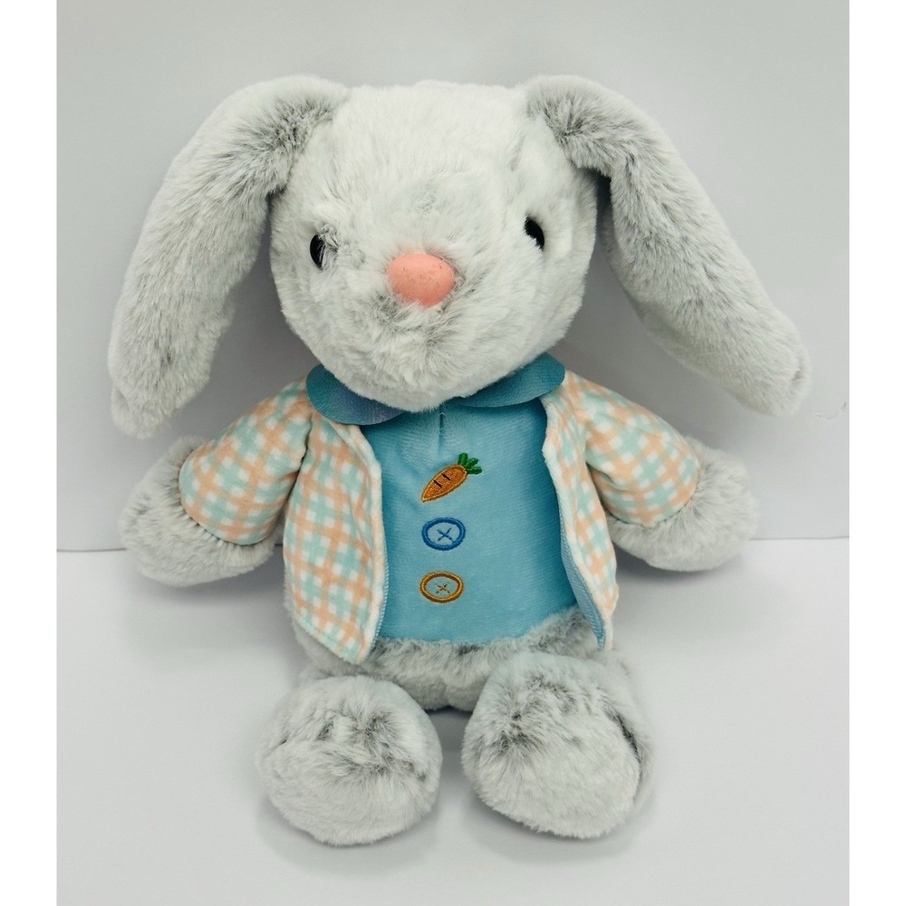 Fengtuo International Grey Plush Easter Bunny Rabbit Blue Gingham Jacket 14 inch